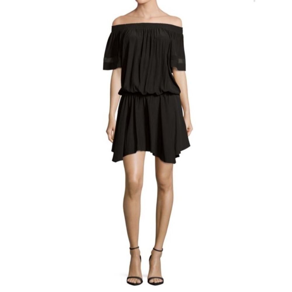 Ramy Brook Jessica Dress Black Off Shoulder Blouson Kerchief Skirt Small $395‎